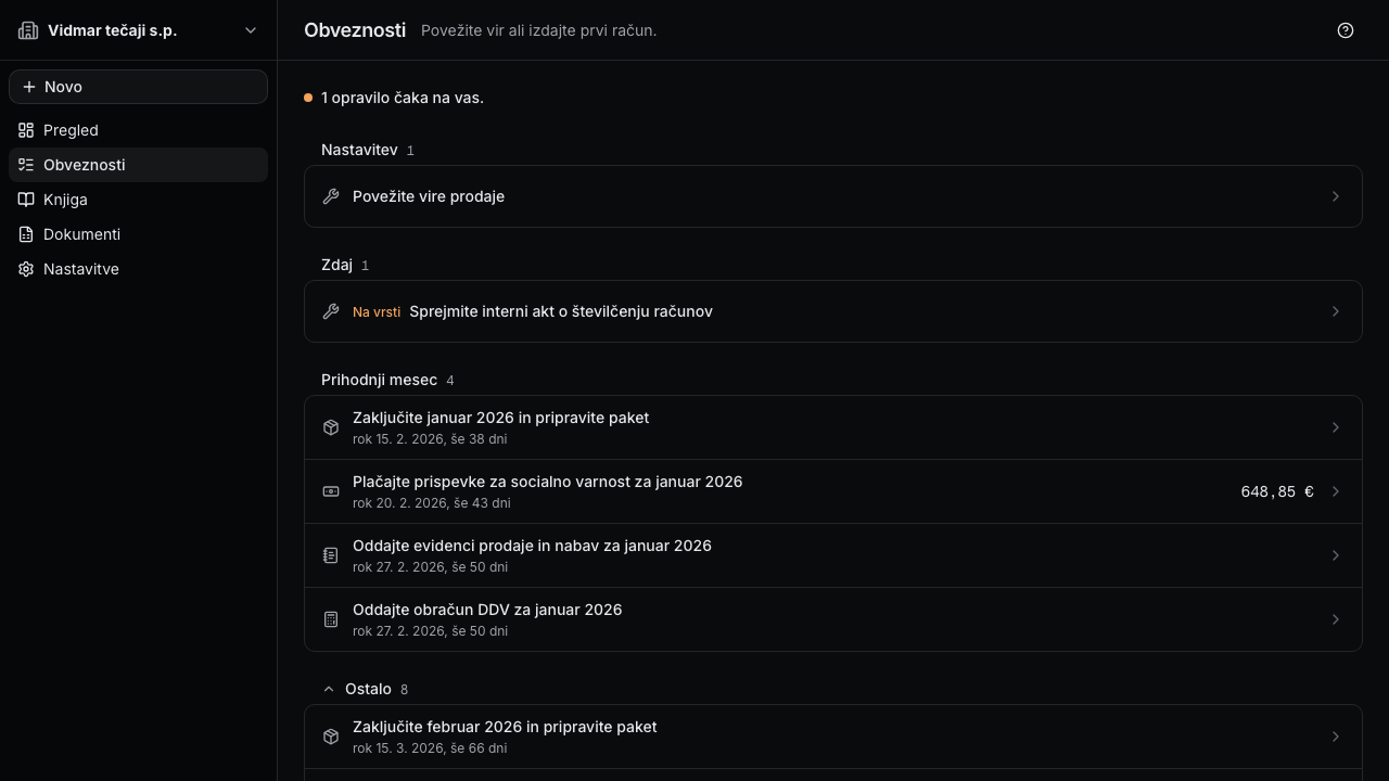 Vpogled's obligations: every duty with its deadline and days left, in plain Slovene.